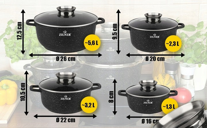 Zestaw garnków Premium ZILNER aluminiowe 8 el. Granitowa Powłoka ZL-7320